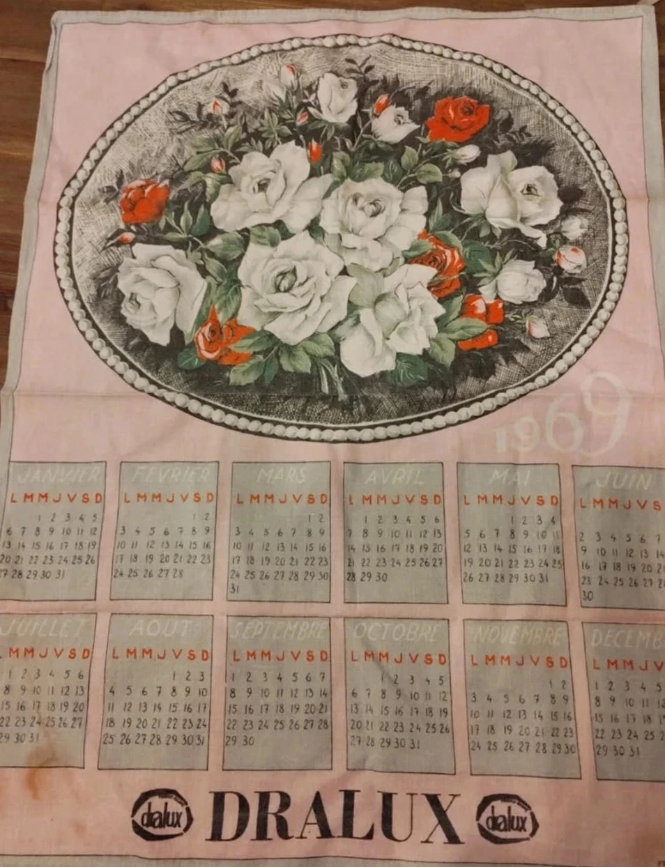Calendrier publicitaire tissu fleuri 1969 Dralux